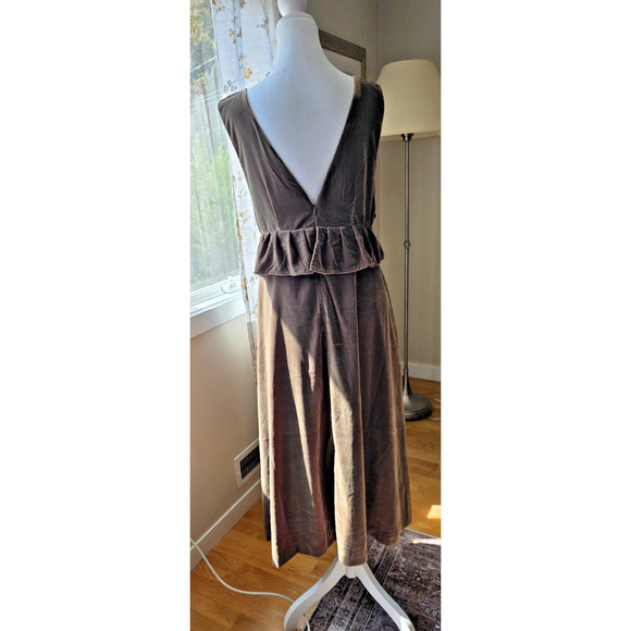 VTG Green Brown Velvet Deep V-Neck Ruffle Lined Pockets WhimsyGoth Fairy Dress - Picture 2 of 9